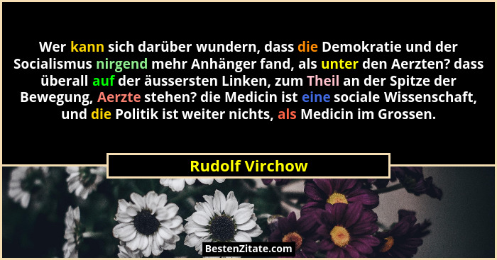 Wer kann sich darüber wundern, dass die Demokratie und der Socialismus nirgend mehr Anhänger fand, als unter den Aerzten? dass überal... - Rudolf Virchow