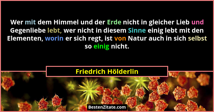 Wer mit dem Himmel und der Erde nicht in gleicher Lieb und Gegenliebe lebt, wer nicht in diesem Sinne einig lebt mit den Element... - Friedrich Hölderlin