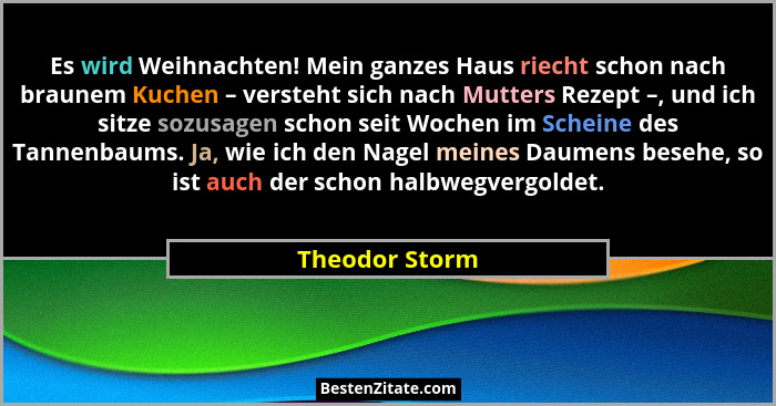 Es wird Weihnachten! Mein ganzes Haus riecht schon nach braunem Kuchen – versteht sich nach Mutters Rezept –, und ich sitze sozusagen... - Theodor Storm