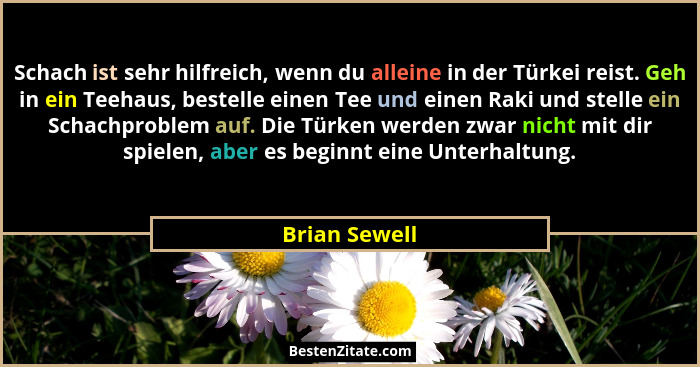 Schach ist sehr hilfreich, wenn du alleine in der Türkei reist. Geh in ein Teehaus, bestelle einen Tee und einen Raki und stelle ein Sc... - Brian Sewell