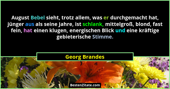 August Bebel sieht, trotz allem, was er durchgemacht hat, jünger aus als seine Jahre, ist schlank, mittelgroß, blond, fast fein, hat e... - Georg Brandes