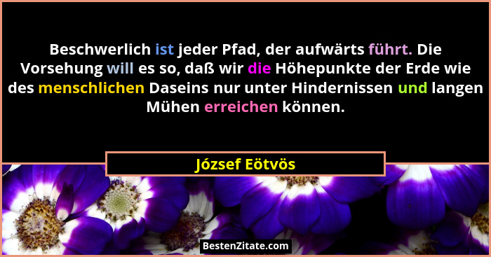 Beschwerlich ist jeder Pfad, der aufwärts führt. Die Vorsehung will es so, daß wir die Höhepunkte der Erde wie des menschlichen Dasein... - József Eötvös