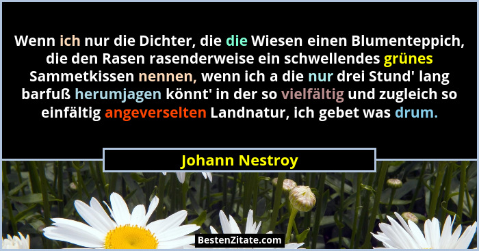 Wenn ich nur die Dichter, die die Wiesen einen Blumenteppich, die den Rasen rasenderweise ein schwellendes grünes Sammetkissen nennen... - Johann Nestroy