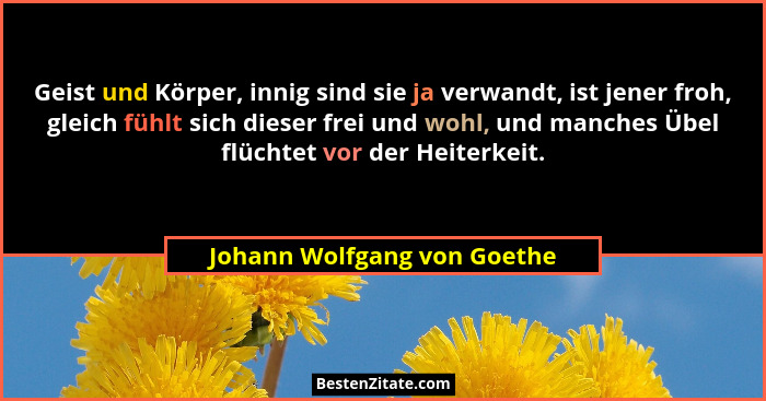 Geist und Körper, innig sind sie ja verwandt, ist jener froh, gleich fühlt sich dieser frei und wohl, und manches Übel fl... - Johann Wolfgang von Goethe