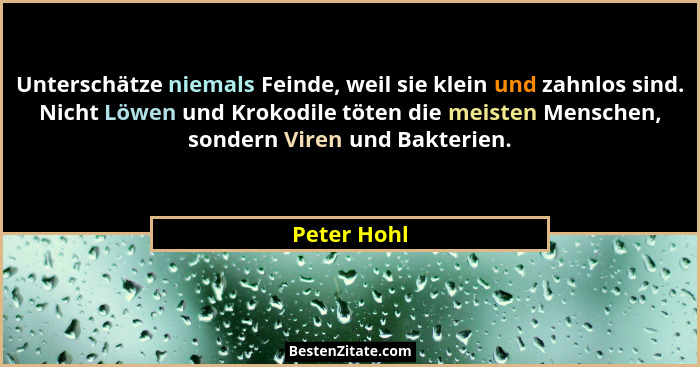 Unterschätze niemals Feinde, weil sie klein und zahnlos sind. Nicht Löwen und Krokodile töten die meisten Menschen, sondern Viren und Bak... - Peter Hohl