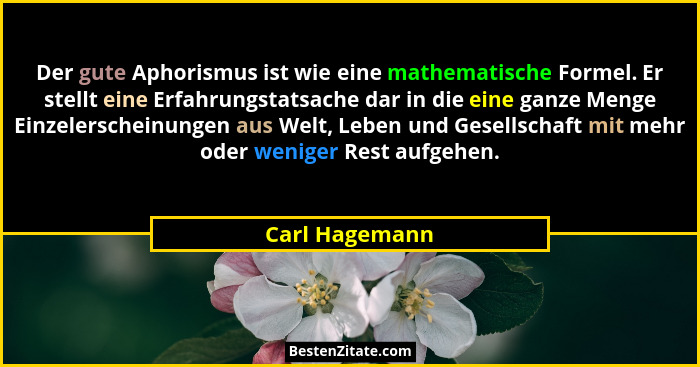 Der gute Aphorismus ist wie eine mathematische Formel. Er stellt eine Erfahrungstatsache dar in die eine ganze Menge Einzelerscheinung... - Carl Hagemann