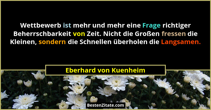 Wettbewerb ist mehr und mehr eine Frage richtiger Beherrschbarkeit von Zeit. Nicht die Großen fressen die Kleinen, sondern die... - Eberhard von Kuenheim