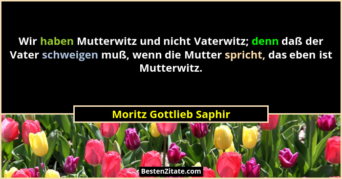 Wir haben Mutterwitz und nicht Vaterwitz; denn daß der Vater schweigen muß, wenn die Mutter spricht, das eben ist Mutterwitz.... - Moritz Gottlieb Saphir