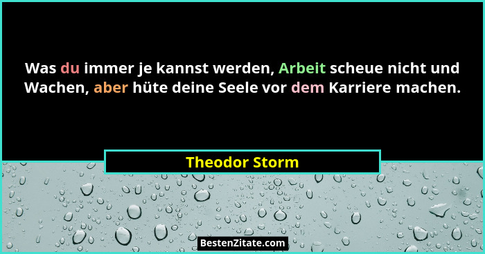 Was du immer je kannst werden, Arbeit scheue nicht und Wachen, aber hüte deine Seele vor dem Karriere machen.... - Theodor Storm