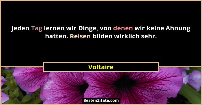 Jeden Tag lernen wir Dinge, von denen wir keine Ahnung hatten. Reisen bilden wirklich sehr.... - Voltaire