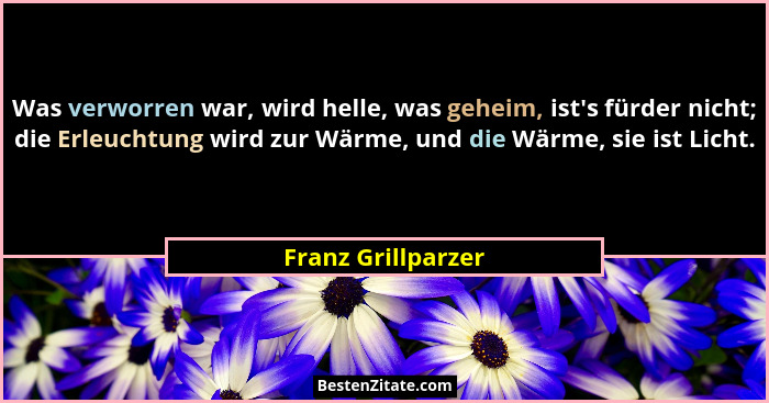 Was verworren war, wird helle, was geheim, ist's fürder nicht; die Erleuchtung wird zur Wärme, und die Wärme, sie ist Licht.... - Franz Grillparzer