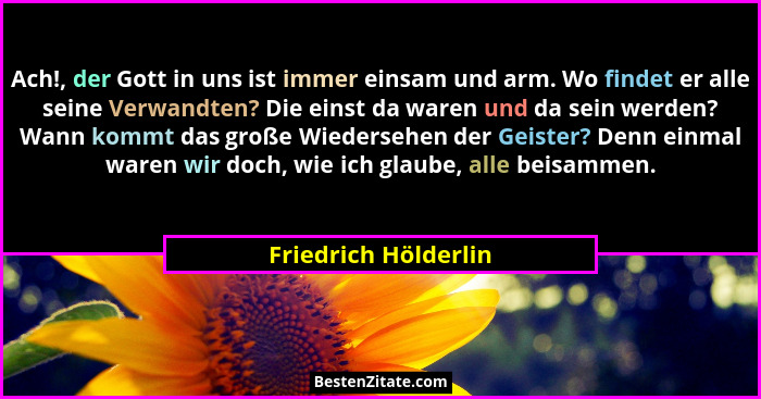 Ach!, der Gott in uns ist immer einsam und arm. Wo findet er alle seine Verwandten? Die einst da waren und da sein werden? Wann... - Friedrich Hölderlin
