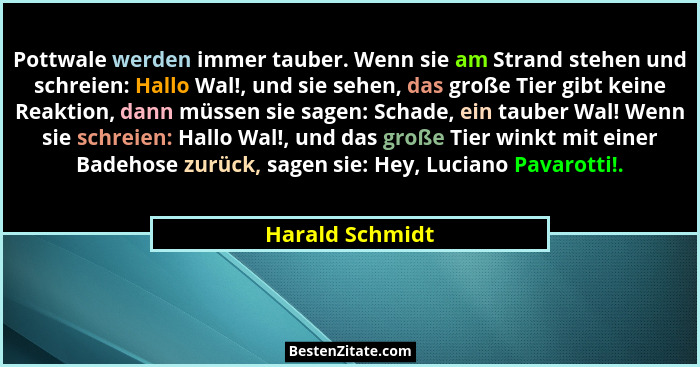 Pottwale werden immer tauber. Wenn sie am Strand stehen und schreien: Hallo Wal!, und sie sehen, das große Tier gibt keine Reaktion,... - Harald Schmidt