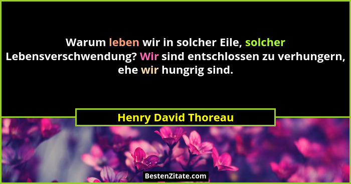 Warum leben wir in solcher Eile, solcher Lebensverschwendung? Wir sind entschlossen zu verhungern, ehe wir hungrig sind.... - Henry David Thoreau