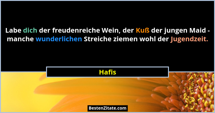 Labe dich der freudenreiche Wein, der Kuß der jungen Maid - manche wunderlichen Streiche ziemen wohl der Jugendzeit.... - Hafis