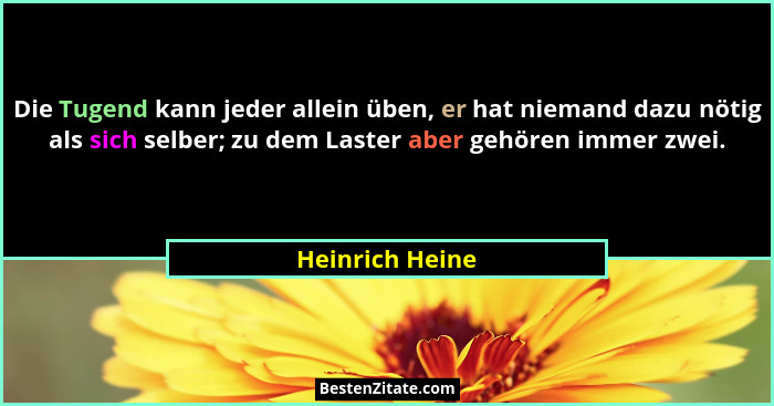 Die Tugend kann jeder allein üben, er hat niemand dazu nötig als sich selber; zu dem Laster aber gehören immer zwei.... - Heinrich Heine
