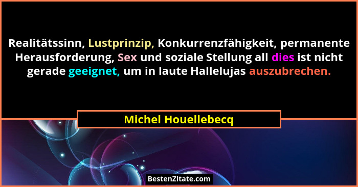 Realitätssinn, Lustprinzip, Konkurrenzfähigkeit, permanente Herausforderung, Sex und soziale Stellung all dies ist nicht gerade g... - Michel Houellebecq