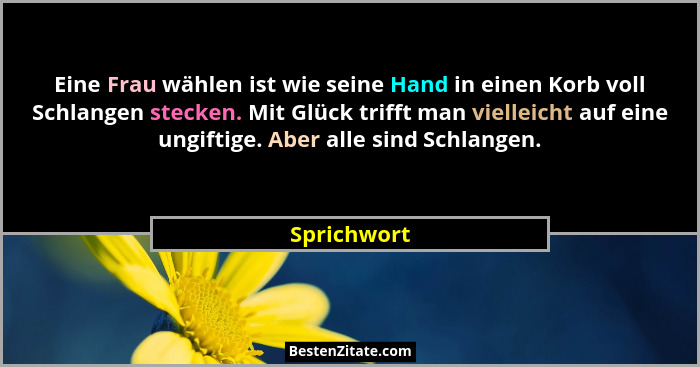 Eine Frau wählen ist wie seine Hand in einen Korb voll Schlangen stecken. Mit Glück trifft man vielleicht auf eine ungiftige. Aber alle s... - Sprichwort