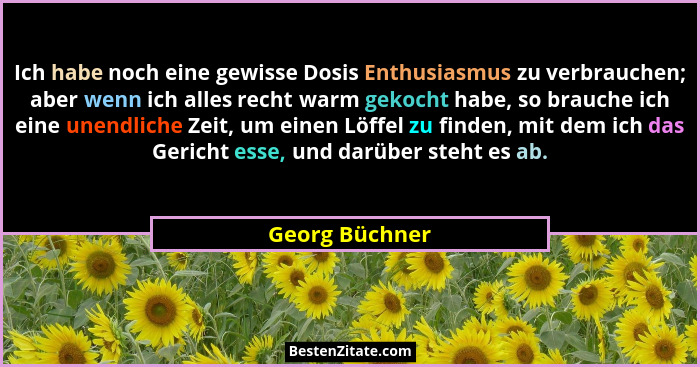 Ich habe noch eine gewisse Dosis Enthusiasmus zu verbrauchen; aber wenn ich alles recht warm gekocht habe, so brauche ich eine unendli... - Georg Büchner