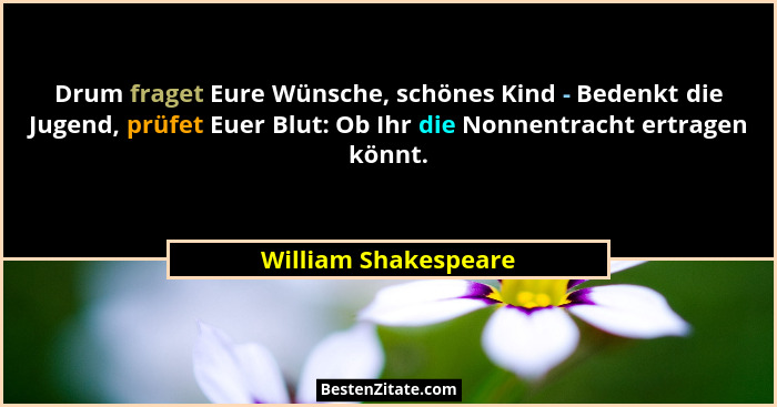 Drum fraget Eure Wünsche, schönes Kind - Bedenkt die Jugend, prüfet Euer Blut: Ob Ihr die Nonnentracht ertragen könnt.... - William Shakespeare