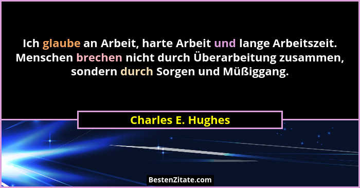 Ich glaube an Arbeit, harte Arbeit und lange Arbeitszeit. Menschen brechen nicht durch Überarbeitung zusammen, sondern durch Sorge... - Charles E. Hughes