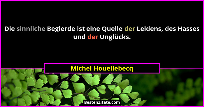 Die sinnliche Begierde ist eine Quelle der Leidens, des Hasses und der Unglücks.... - Michel Houellebecq
