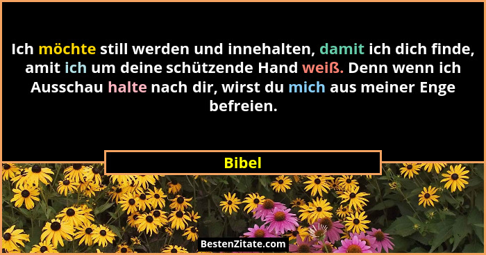 Ich möchte still werden und innehalten, damit ich dich finde, amit ich um deine schützende Hand weiß. Denn wenn ich Ausschau halte nach dir, w... - Bibel