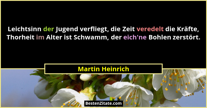 Leichtsinn der Jugend verfliegt, die Zeit veredelt die Kräfte, Thorheit im Alter ist Schwamm, der eich'ne Bohlen zerstört.... - Martin Heinrich