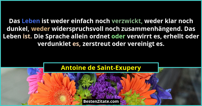 Das Leben ist weder einfach noch verzwickt, weder klar noch dunkel, weder widerspruchsvoll noch zusammenhängend. Das Leben... - Antoine de Saint-Exupery