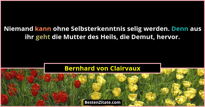Niemand kann ohne Selbsterkenntnis selig werden. Denn aus ihr geht die Mutter des Heils, die Demut, hervor.... - Bernhard von Clairvaux