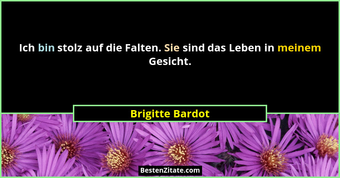 Ich bin stolz auf die Falten. Sie sind das Leben in meinem Gesicht.... - Brigitte Bardot