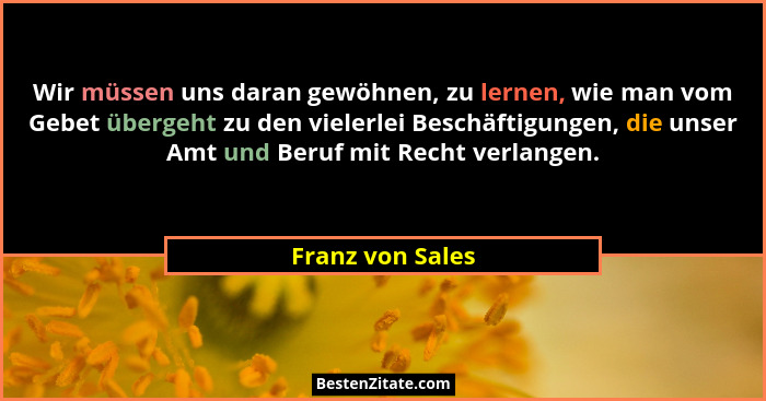 Wir müssen uns daran gewöhnen, zu lernen, wie man vom Gebet übergeht zu den vielerlei Beschäftigungen, die unser Amt und Beruf mit R... - Franz von Sales