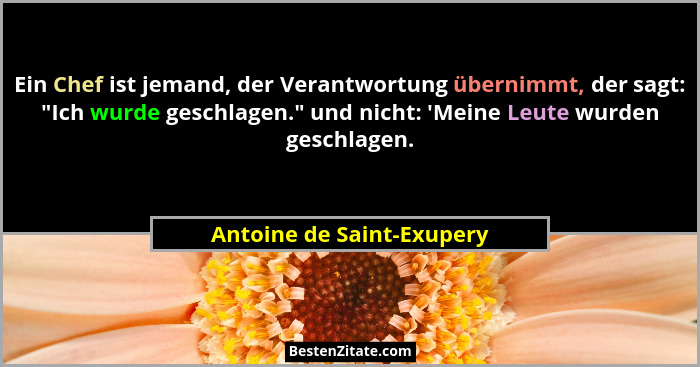 Ein Chef ist jemand, der Verantwortung übernimmt, der sagt: "Ich wurde geschlagen." und nicht: 'Meine Leute wur... - Antoine de Saint-Exupery