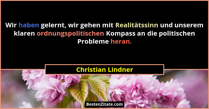 Wir haben gelernt, wir gehen mit Realitätssinn und unserem klaren ordnungspolitischen Kompass an die politischen Probleme heran.... - Christian Lindner
