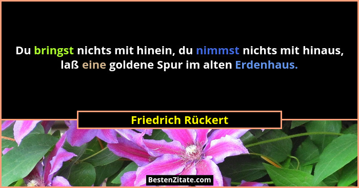 Du bringst nichts mit hinein, du nimmst nichts mit hinaus, laß eine goldene Spur im alten Erdenhaus.... - Friedrich Rückert