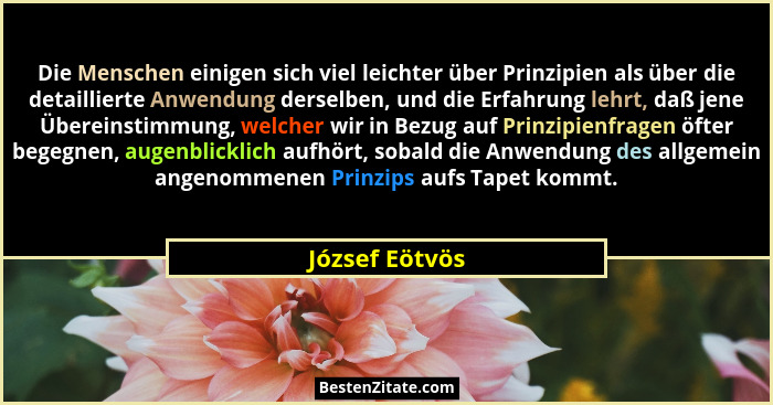 Die Menschen einigen sich viel leichter über Prinzipien als über die detaillierte Anwendung derselben, und die Erfahrung lehrt, daß je... - József Eötvös