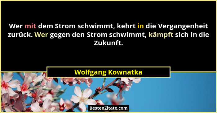 Wer mit dem Strom schwimmt, kehrt in die Vergangenheit zurück. Wer gegen den Strom schwimmt, kämpft sich in die Zukunft.... - Wolfgang Kownatka