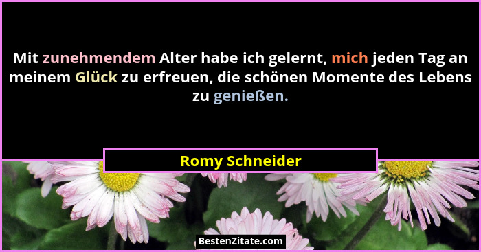 Mit zunehmendem Alter habe ich gelernt, mich jeden Tag an meinem Glück zu erfreuen, die schönen Momente des Lebens zu genießen.... - Romy Schneider