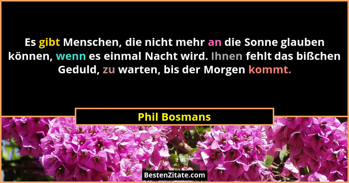 Es gibt Menschen, die nicht mehr an die Sonne glauben können, wenn es einmal Nacht wird. Ihnen fehlt das bißchen Geduld, zu warten, bis... - Phil Bosmans