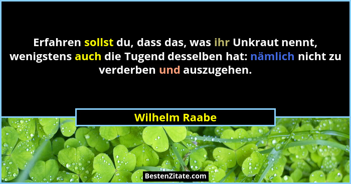 Erfahren sollst du, dass das, was ihr Unkraut nennt, wenigstens auch die Tugend desselben hat: nämlich nicht zu verderben und auszugeh... - Wilhelm Raabe
