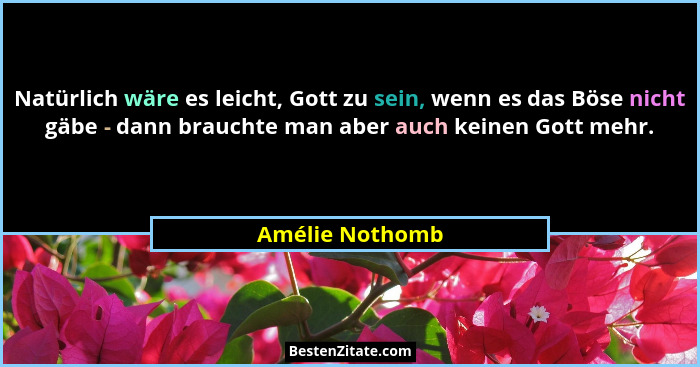 Natürlich wäre es leicht, Gott zu sein, wenn es das Böse nicht gäbe - dann brauchte man aber auch keinen Gott mehr.... - Amélie Nothomb
