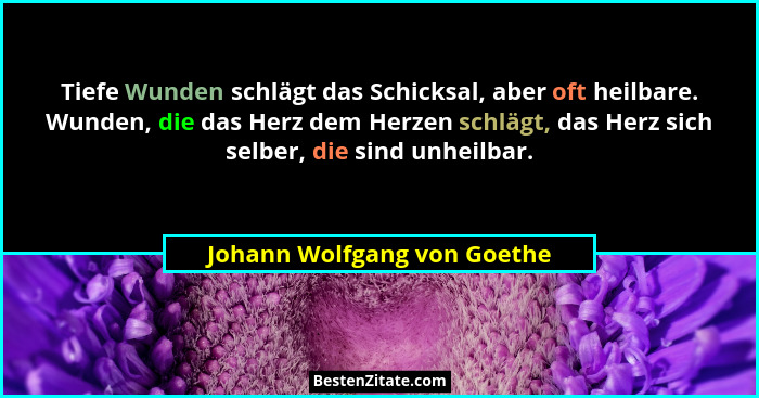 Tiefe Wunden schlägt das Schicksal, aber oft heilbare. Wunden, die das Herz dem Herzen schlägt, das Herz sich selber, die... - Johann Wolfgang von Goethe