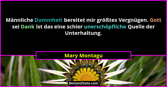 Männliche Dummheit bereitet mir größtes Vergnügen. Gott sei Dank ist das eine schier unerschöpfliche Quelle der Unterhaltung.... - Mary Montagu
