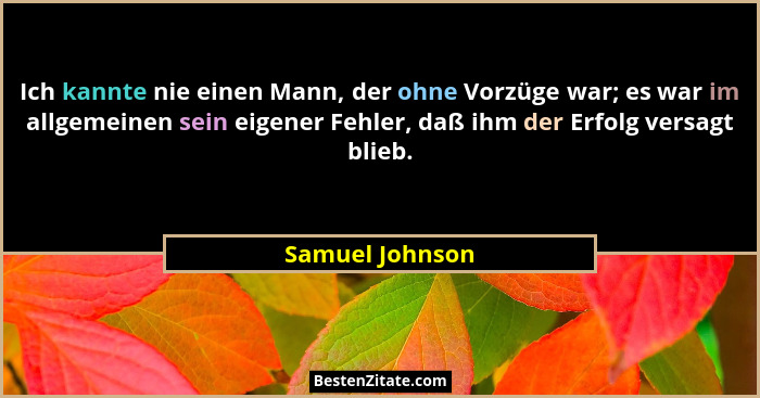 Ich kannte nie einen Mann, der ohne Vorzüge war; es war im allgemeinen sein eigener Fehler, daß ihm der Erfolg versagt blieb.... - Samuel Johnson