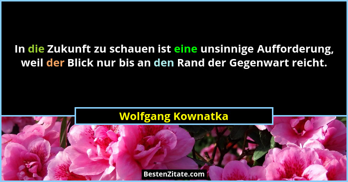 In die Zukunft zu schauen ist eine unsinnige Aufforderung, weil der Blick nur bis an den Rand der Gegenwart reicht.... - Wolfgang Kownatka