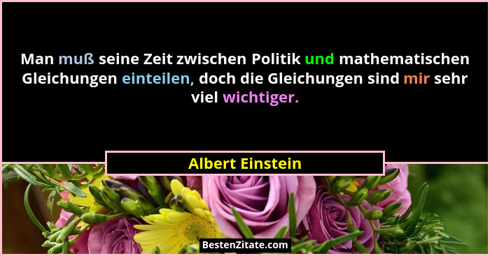 Man muß seine Zeit zwischen Politik und mathematischen Gleichungen einteilen, doch die Gleichungen sind mir sehr viel wichtiger.... - Albert Einstein