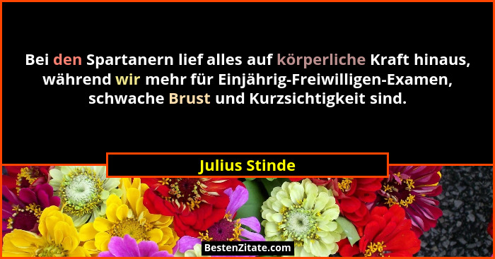 Bei den Spartanern lief alles auf körperliche Kraft hinaus, während wir mehr für Einjährig-Freiwilligen-Examen, schwache Brust und Kur... - Julius Stinde