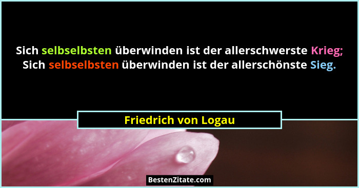 Sich selbselbsten überwinden ist der allerschwerste Krieg; Sich selbselbsten überwinden ist der allerschönste Sieg.... - Friedrich von Logau