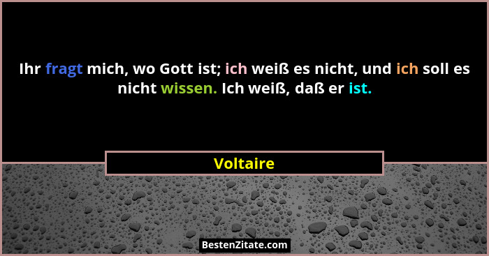 Ihr fragt mich, wo Gott ist; ich weiß es nicht, und ich soll es nicht wissen. Ich weiß, daß er ist.... - Voltaire