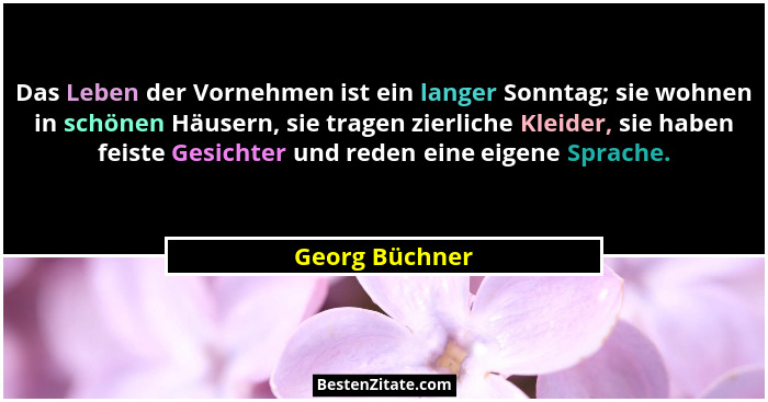 Das Leben der Vornehmen ist ein langer Sonntag; sie wohnen in schönen Häusern, sie tragen zierliche Kleider, sie haben feiste Gesichte... - Georg Büchner